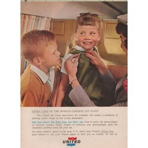 1961 United Air Lines Vintage Print Ad Airline Stewardess Pinning Wings Children